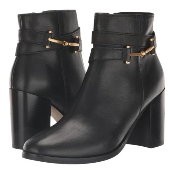 Ted Baker Women's‎ Black Leather Gold Trim Anisea Ankle Boots Size 40 US New - Picture 2 of 16